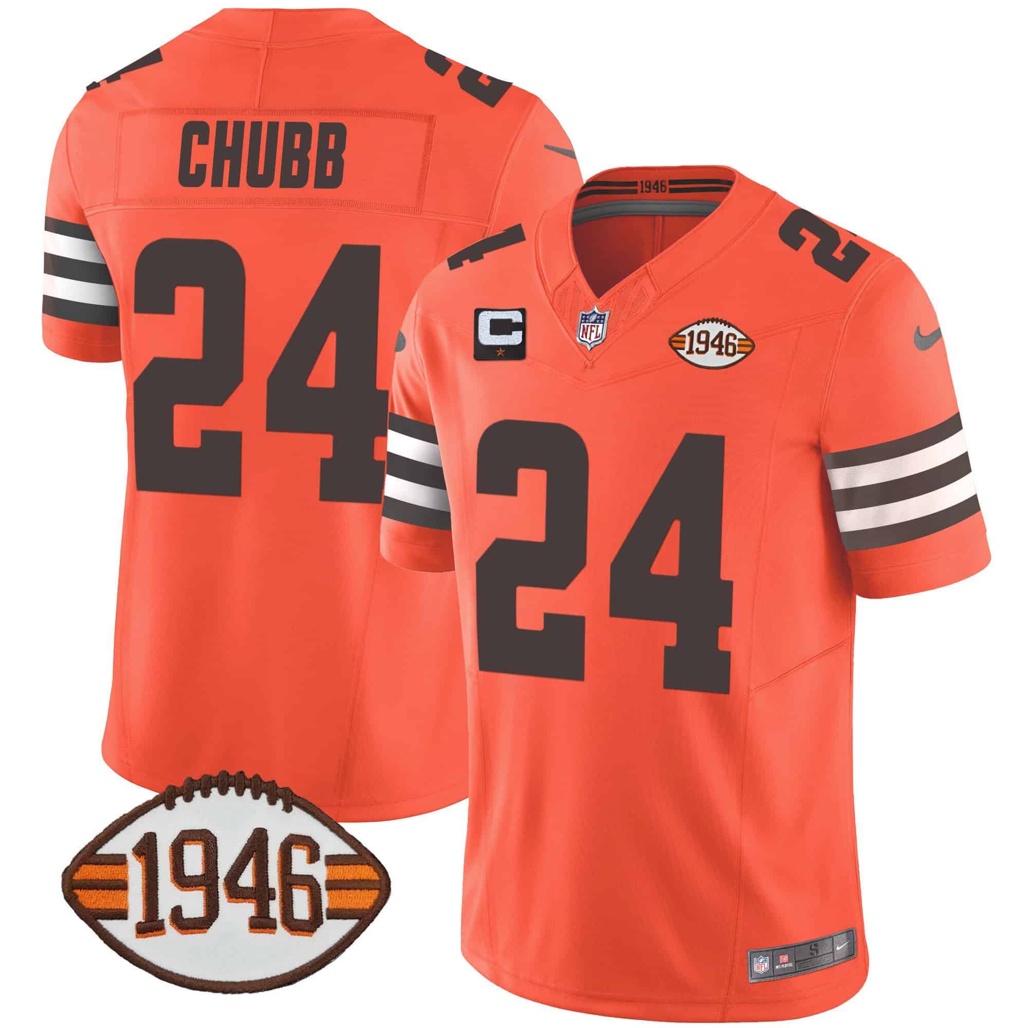 Men Cleveland Browns 24 Chubb Orange 1946 75th Anniversary Patch 2024 Nike NFL Jersey